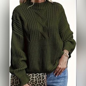 JACQUARD CREW NECK PULLOVER CABLE KNIT SWEATER ARMY GREEN XL
